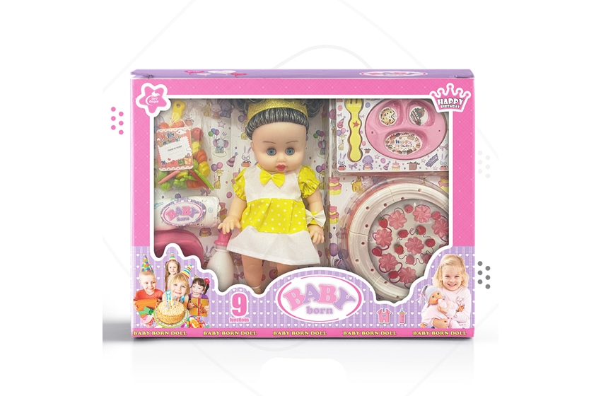 عروسک جیشی موزیکال بی بی بورن به همراه کیک و ست لوازم تولد